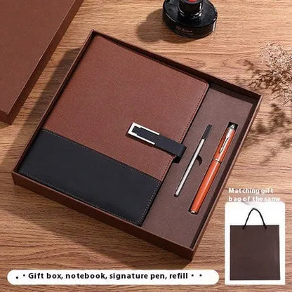 A5 soft PU leather notebook in Business Brown colour, showing thick wood-free paper inside.