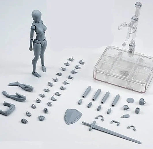 Articulated artist mannequin kit with interchangeable hands and accessories