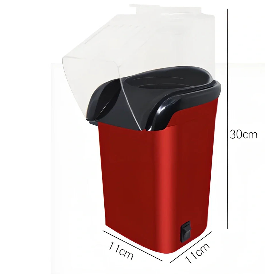 Red compact popcorn machine with aluminium cooking chamber and 1200W power rating for home use