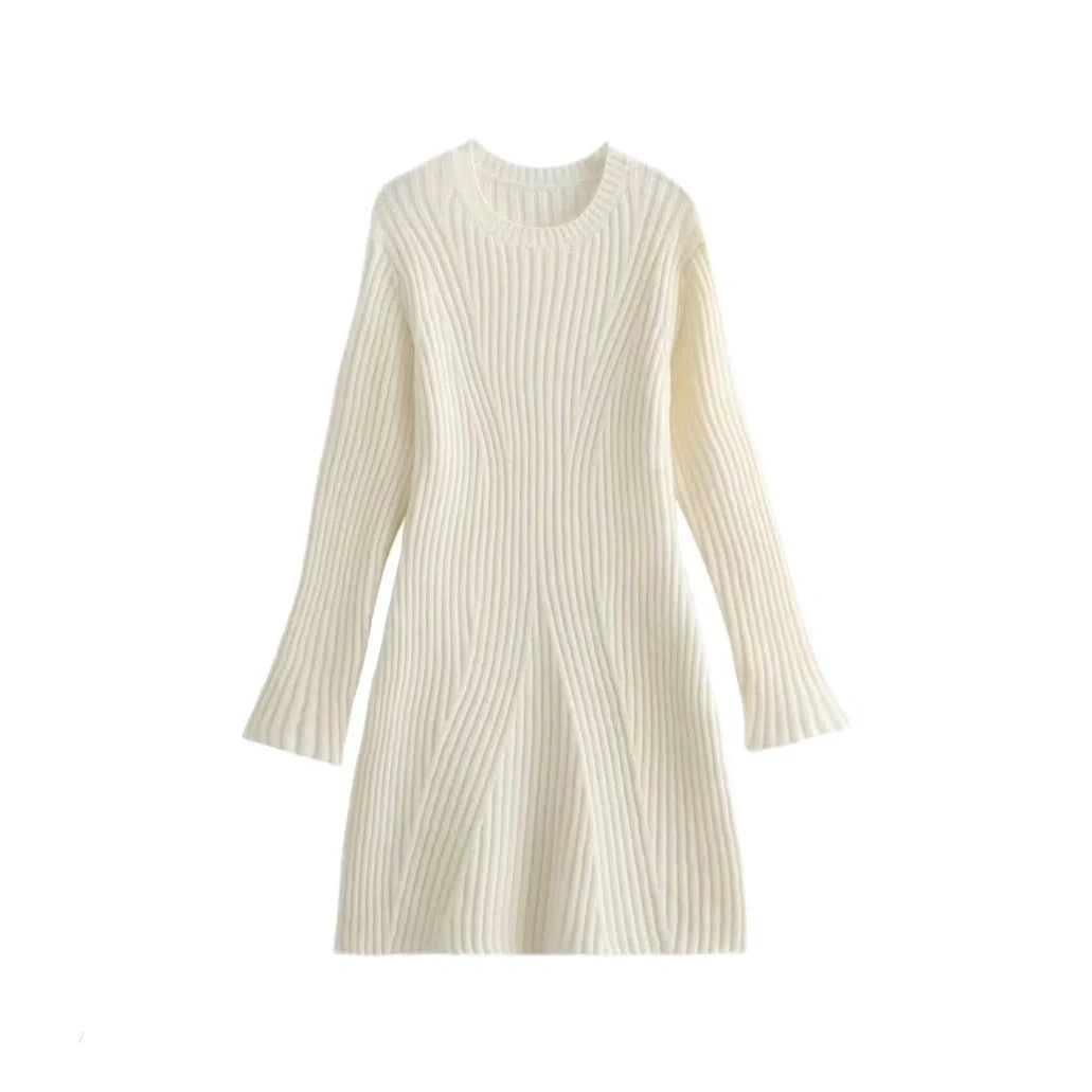 Stylish ribbed knitted dress for women in slim fit with stand-up collar, perfect for winter