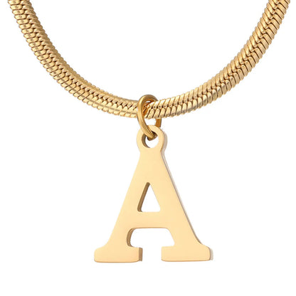 Elegant gold A-Z letter pendant necklace on a snake chain