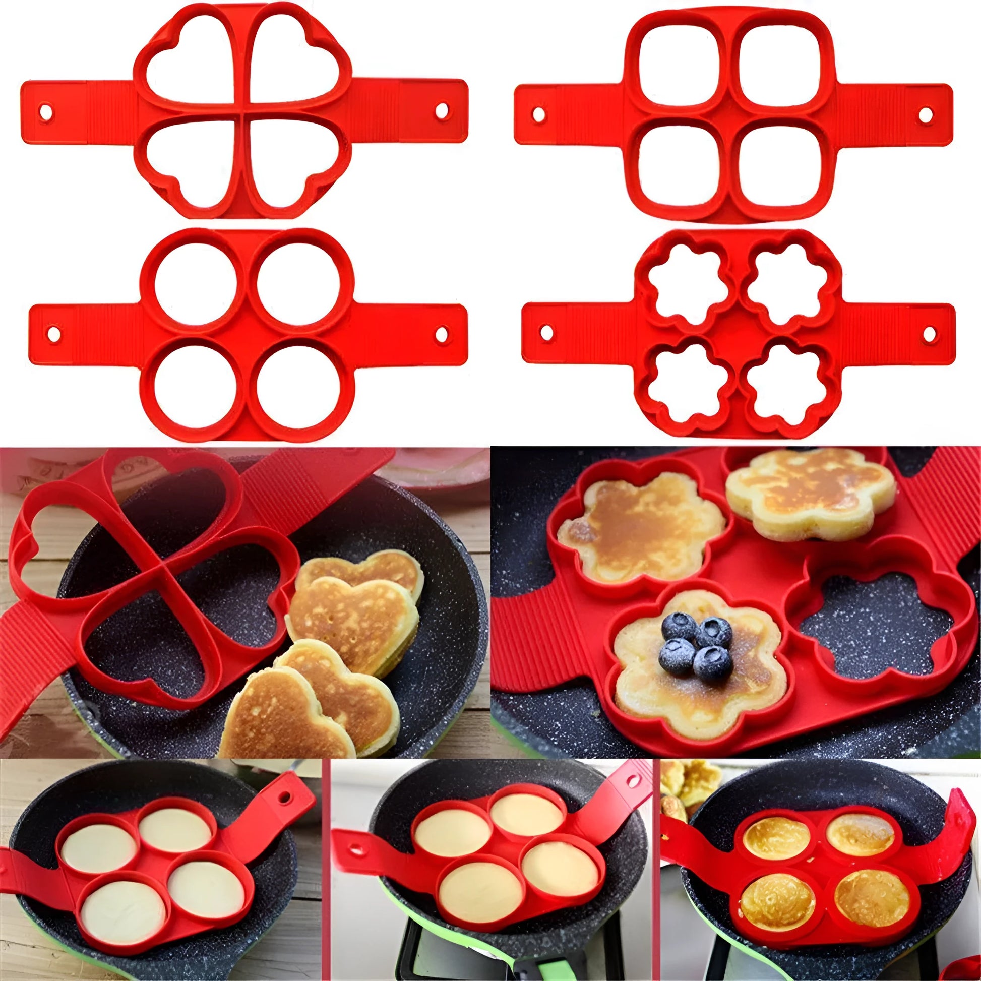 Red silicone pancake ring egg omelette maker with seven-hole non-stick cooking mould
