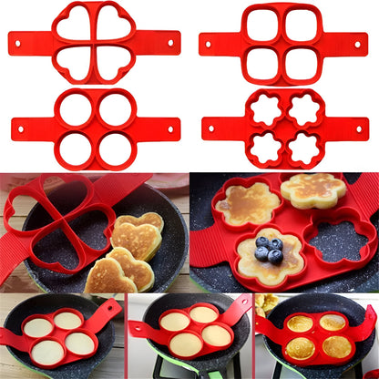 Red silicone pancake ring egg omelette maker with seven-hole non-stick cooking mould