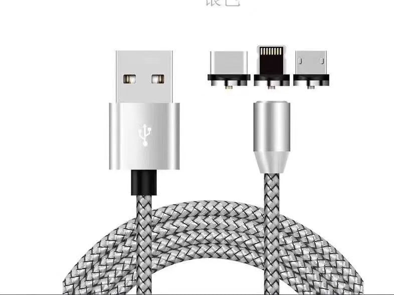 Black magnetic charging cable with connectors for Android, Type C, and Apple devices on a white background