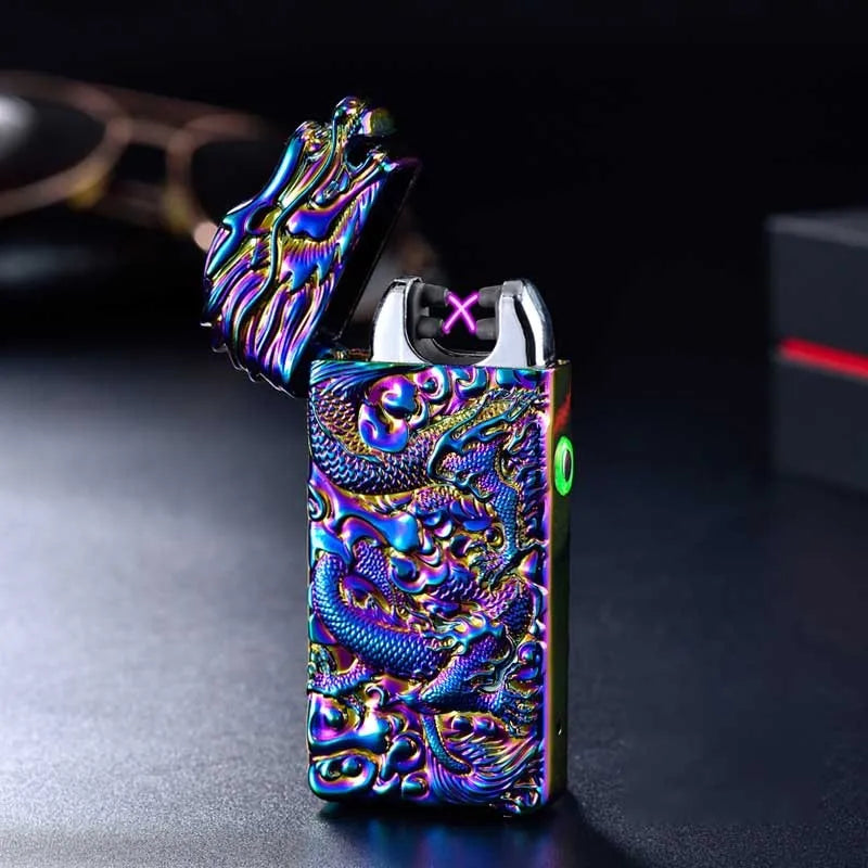 USB rechargeable windproof metal lighter with embossed arc design in multiple colour options