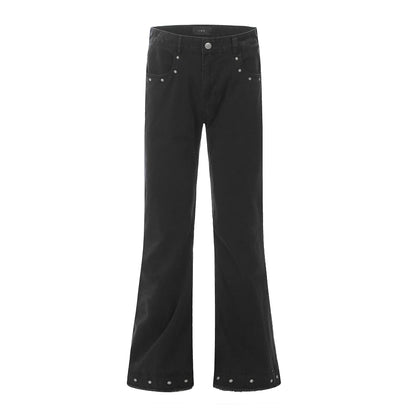 A pair of black straight-leg cotton jeans with a mid-waist fit and horn-style leg opening on a plain background.