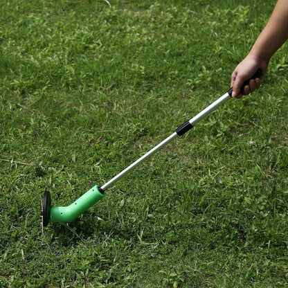 Cordless lawn trimmer with extension pole and debris shield for garden maintenance