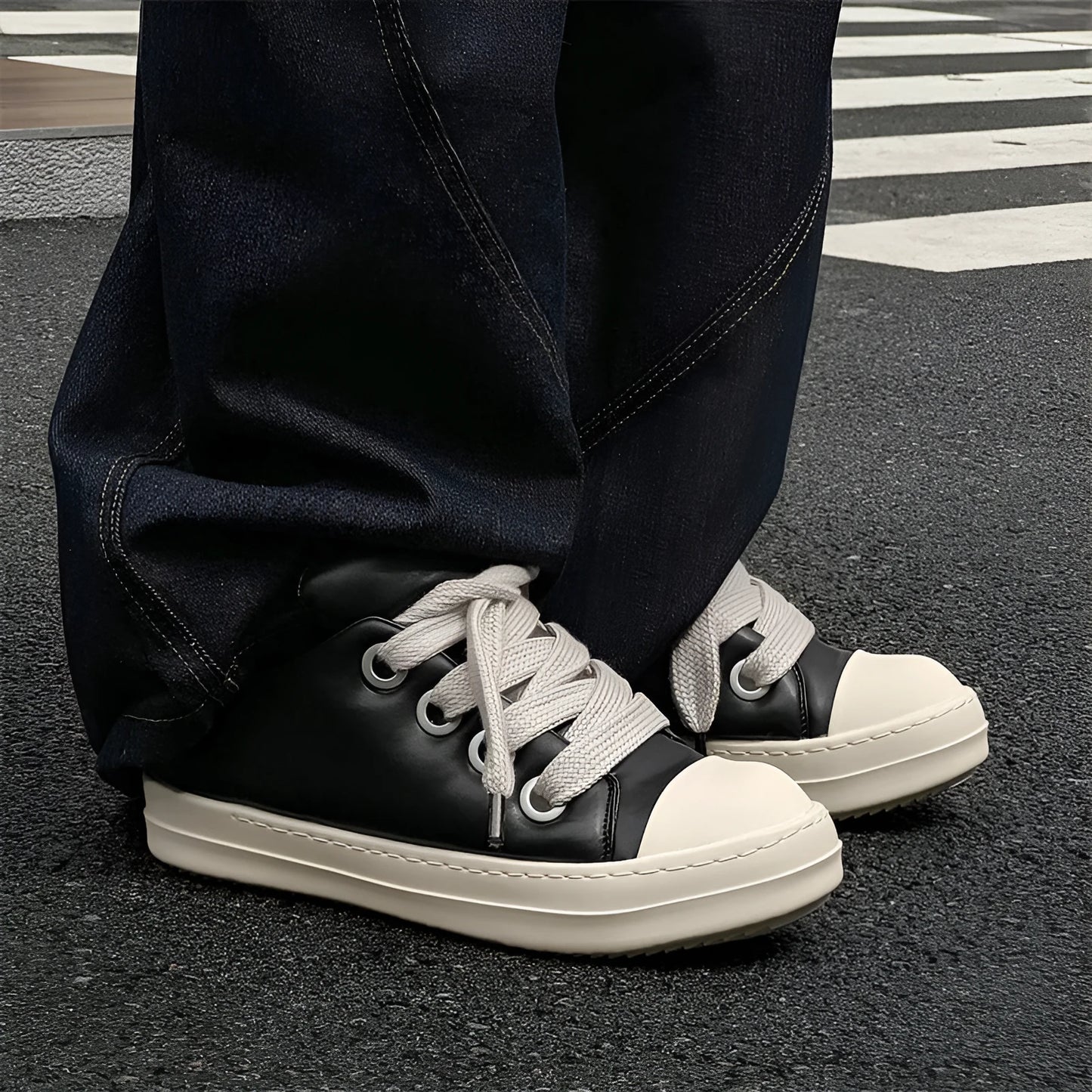 Black men's slip-on casual shoes with leather upper, rubber sole, and raised platform design