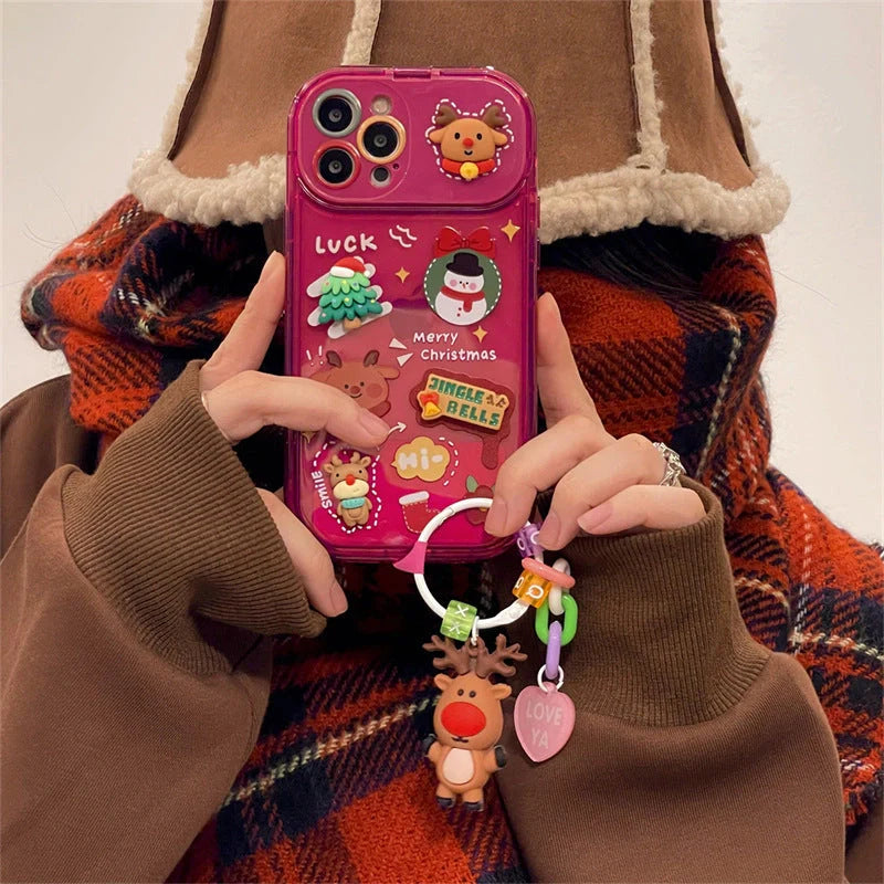 Festive Christmas Santa Claus Elk Hat Pendant Flip Phone Case for iPhone in rose red and green
