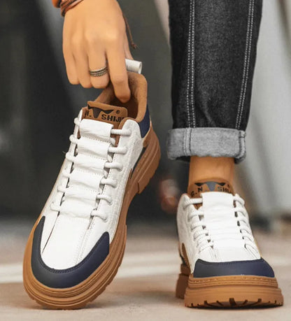 Black and white platform casual sneakers with thick rubber soles for height increase