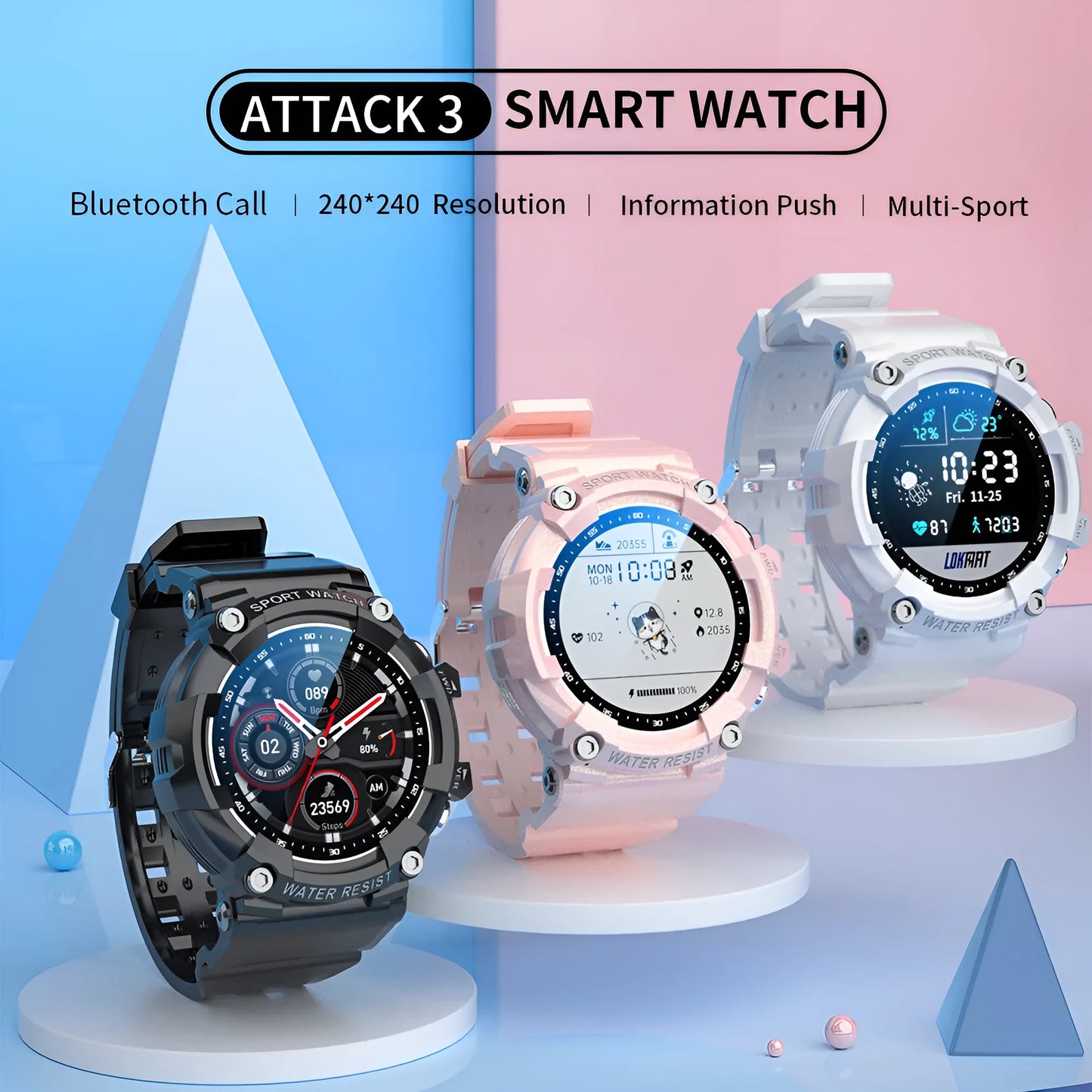 ATTACK 3 IP67 waterproof smartwatch in black with round colour screen on wrist.