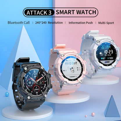 ATTACK 3 IP67 waterproof smartwatch in black with round colour screen on wrist.
