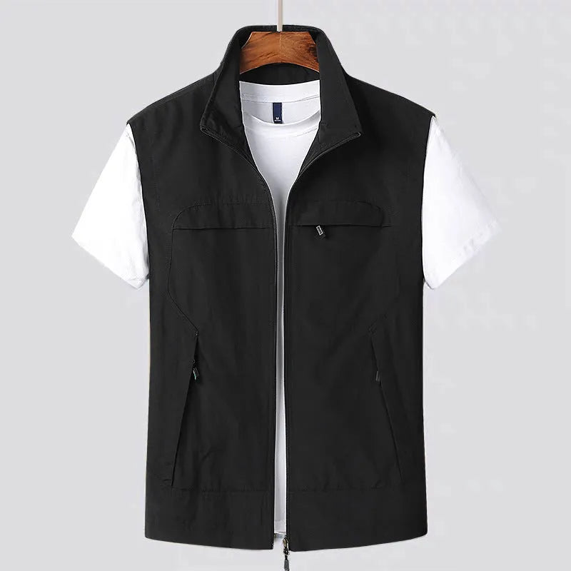 Hooded striped waterproof vest with multiple patch pockets in khaki colour