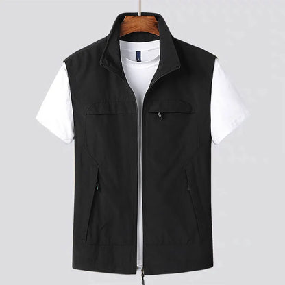 Hooded striped waterproof vest with multiple patch pockets in khaki colour