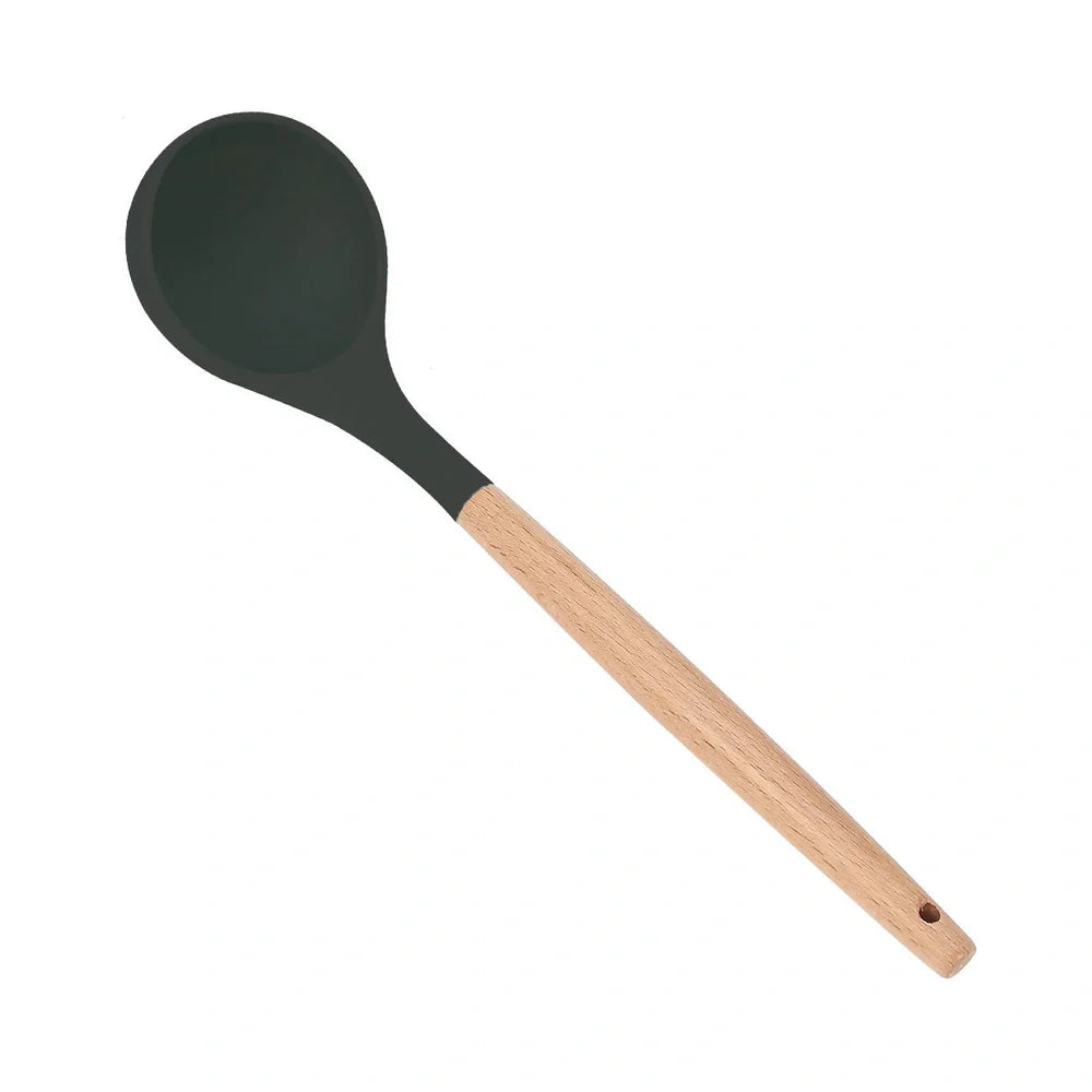 Dark grey silicone cooking utensils with wooden handles including spatula, spoon, whisk, and tongs