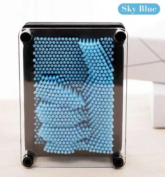 A customizable 3D sculpture impression frame with an array of pins that can capture the contours of any object pressed into it.
