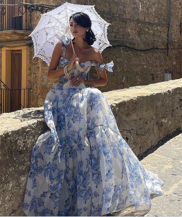 Floral off-the-shoulder organza dress with lace-up detail in a stunning blue hue