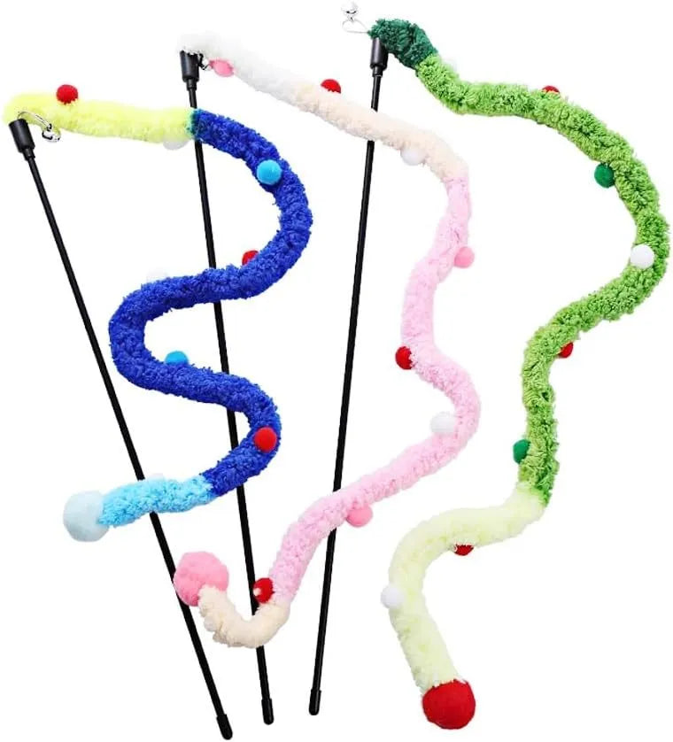 Interactive cat wand toy with plush strip, fluffy ball, and bells on a 41cm pole.