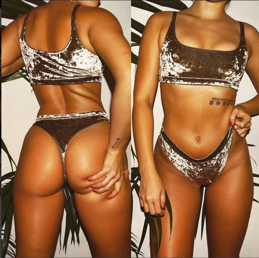 XL velvet two-piece swimsuit bikini in brown, purple, black, and rose red