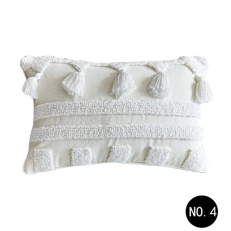 Nordic style tufted geometric throw pillow cover in cotton linen blend on a grey sofa