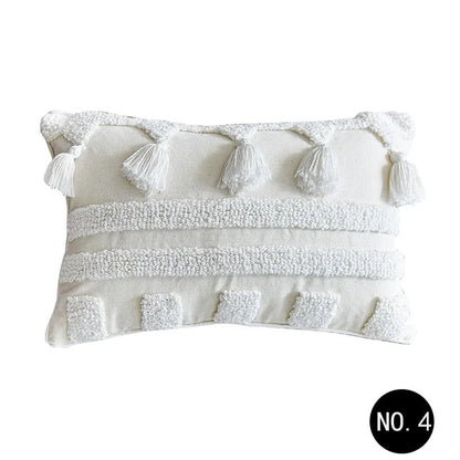 Nordic style tufted geometric throw pillow cover in cotton linen blend on a grey sofa
