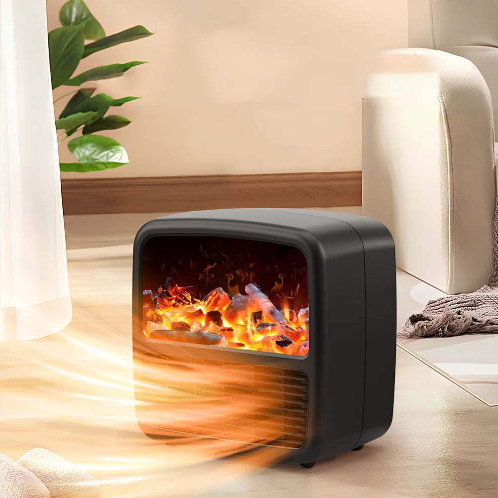 Compact black electric desktop heater with ceramic heating technology and mechanical controls for winter warmth