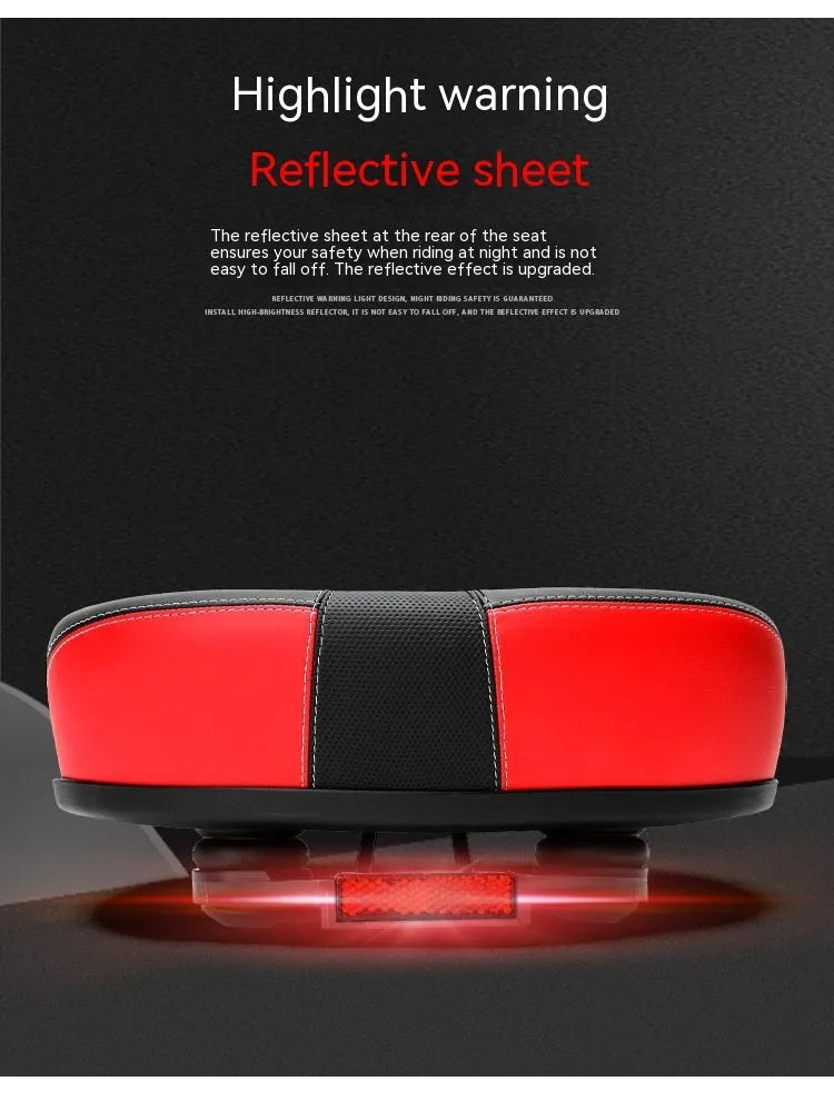 Thickened red mountain bike saddle with reflective details and shock absorber.