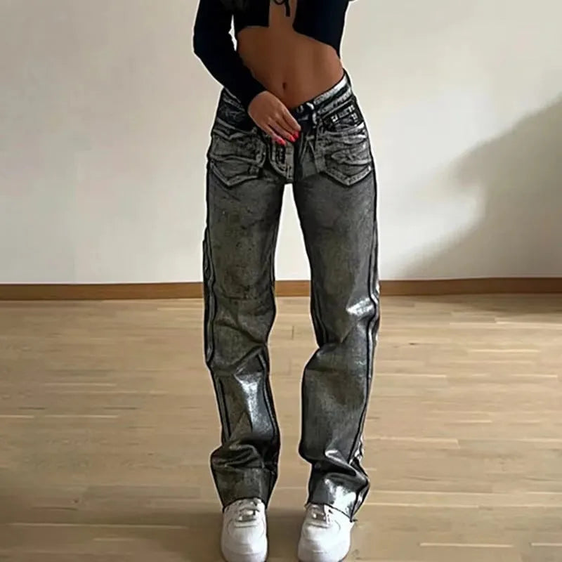 High waist straight leg jeans in washed blue denim with hot silver contrast colour detailing