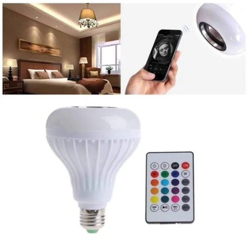 White smart Bluetooth LED bulb speaker with E27 base and remote control for RGB lighting