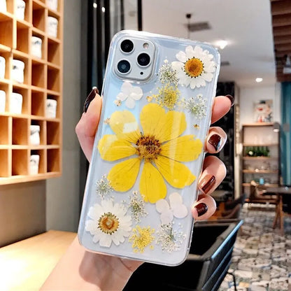 Floral TPU back cover phone case for iPhone showing large pink flower and large yellow flower design options.