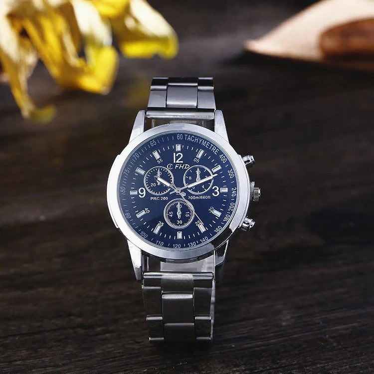 Blu-ray FRP Watch with stainless steel strap and black dial