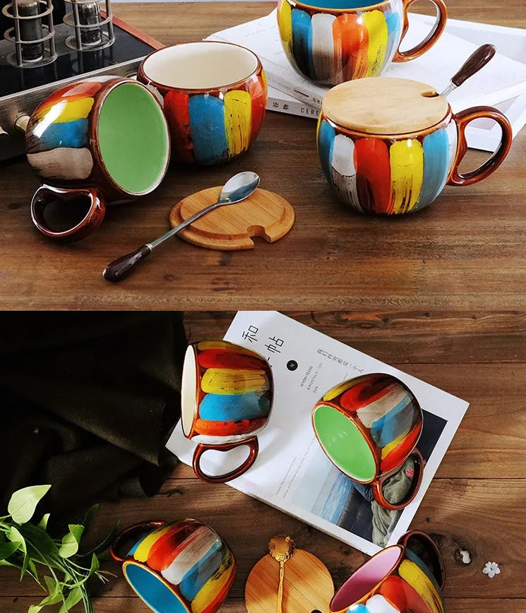 Handmade ceramic mug with lid and spoon in blue, green, yellow, or pink colours