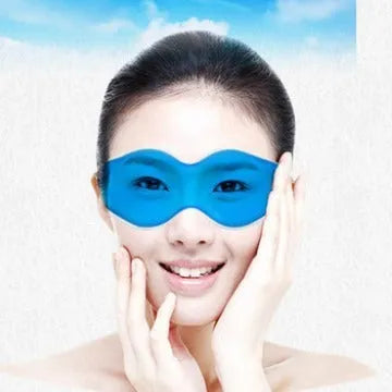 Blue reusable gel ice eye mask for cooling compress, measuring 16 by 5 cm.