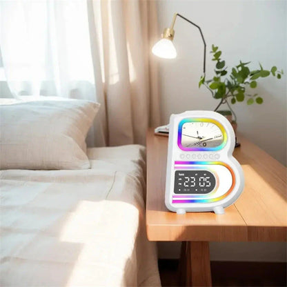 Multifunctional B-shaped Bluetooth speaker lamp with wireless charging, adjustable lighting, and alarm clock features