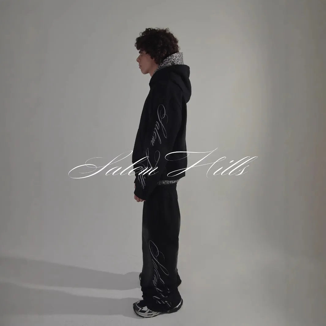 Men's loose fit punk print long sleeve hoodie suit with trousers, fleece-lined.