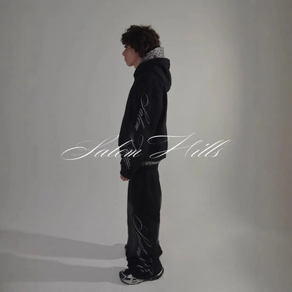 Men's loose fit punk print long sleeve hoodie suit with trousers, fleece-lined.