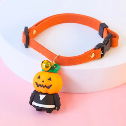 Halloween pet collar with luminous designs in Pumpkin Man, Luminous Brat, and Luminous Skull patterns, adjustable sizes 16-56cm