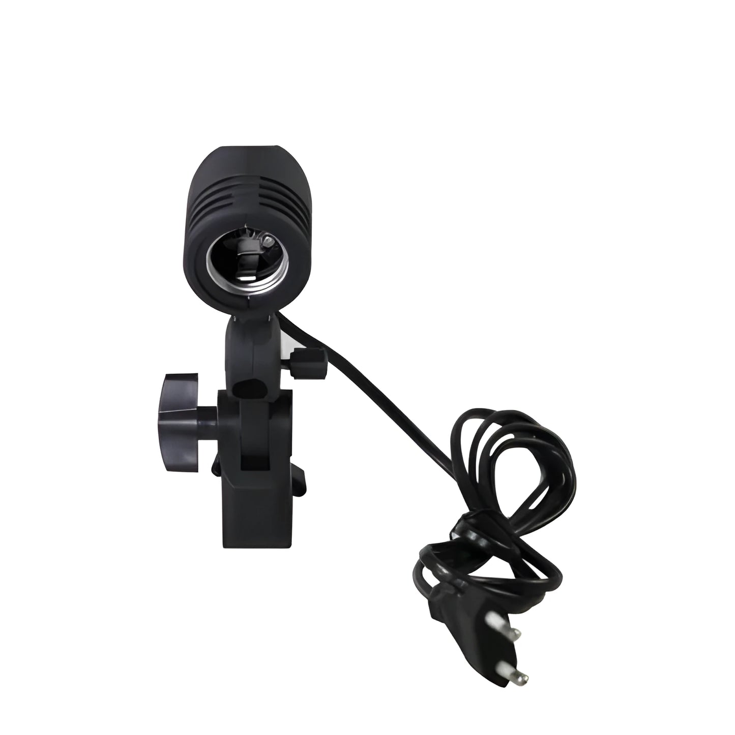 Black universal E27 photographic lamp holder with long power cords and rear switch.