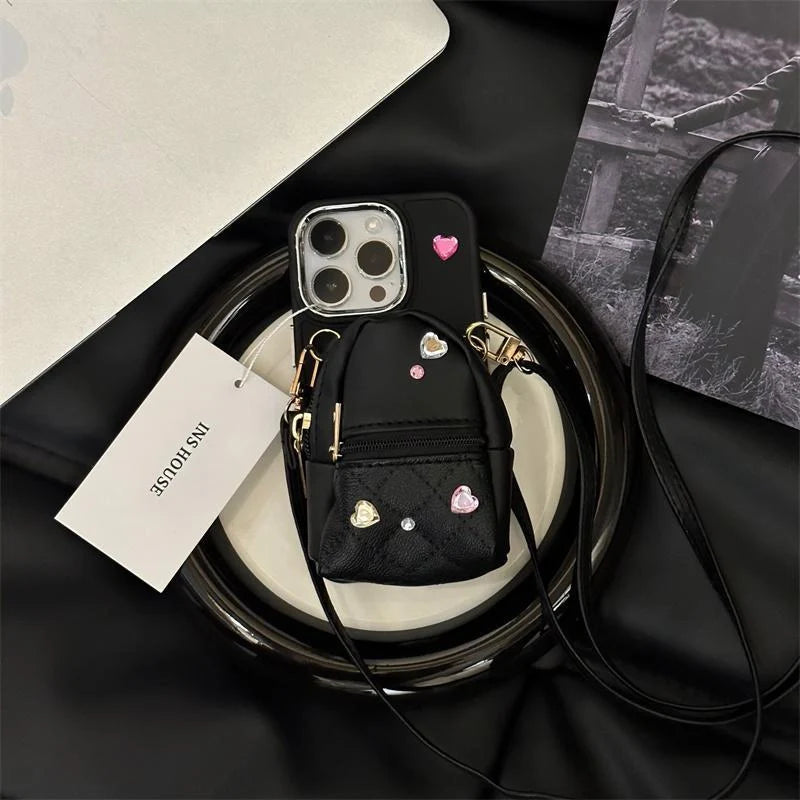 Crossbody Wallet Phone Case for ApplePhone in white, black, and pink with removable strap