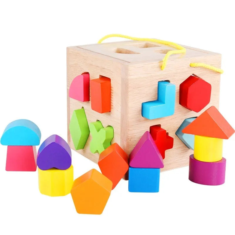 Wooden geometric shape matching building blocks for infants with multiple hole configurations