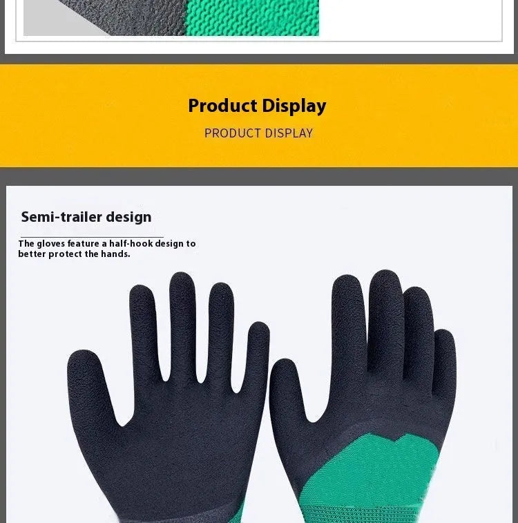 Black and green rubber work gloves with textured non-slip surface and extended cuff.