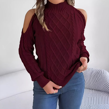 Gray women's acrylic pullover sweater with a strapless high collar, twisted pattern, and long lantern sleeves.