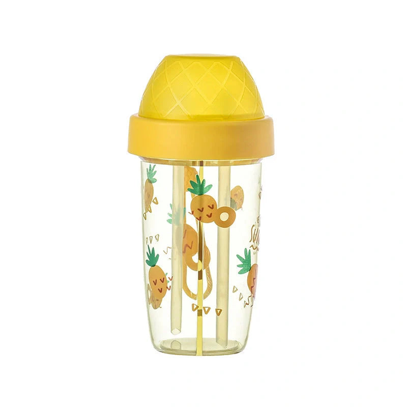 Double straw cup with leak-proof design for couples, available in pineapple, strawberry, and watermelon patterns.