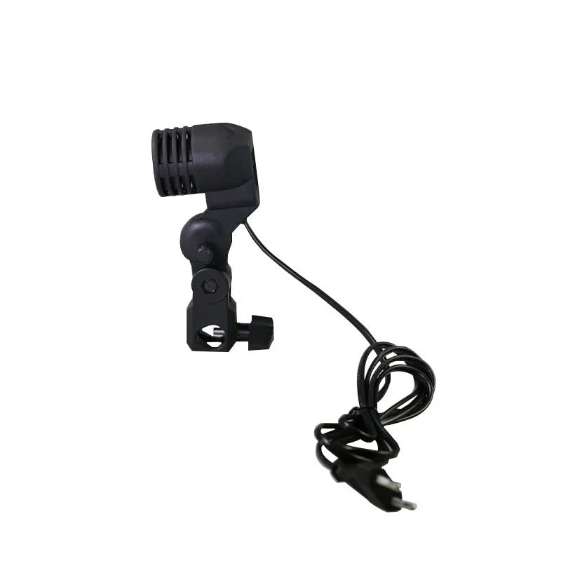 Universal E27 screw lamp holder for photography equipment made from reinforced nylon with 1.8m power cord and rear switch, suitable for softboxes, reflectors, and studio lighting setups in black.