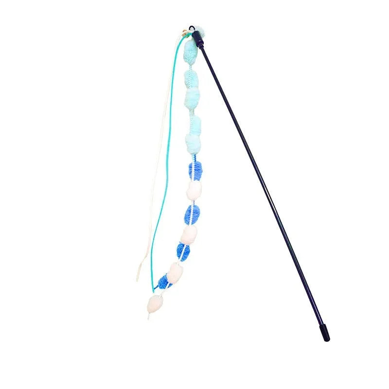 Rainbow cotton candy cat teaser wand with bell and 95cm aluminium alloy rod in blue pink, orange green, and light pink yellow colour options