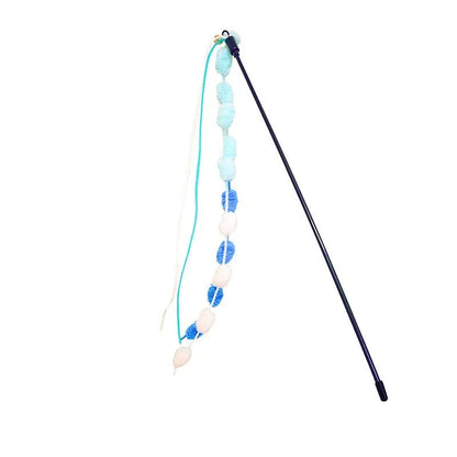 Rainbow cotton candy cat teaser wand with bell and 95cm aluminium alloy rod in blue pink, orange green, and light pink yellow colour options