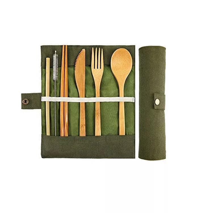 Bamboo straw set with knife, fork, spoon, chopsticks, and cleaning accessories