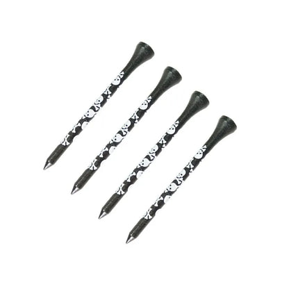 Ten black bamboo dowel pins with skull print for golf tees, showing 70mm and 83mm length options.