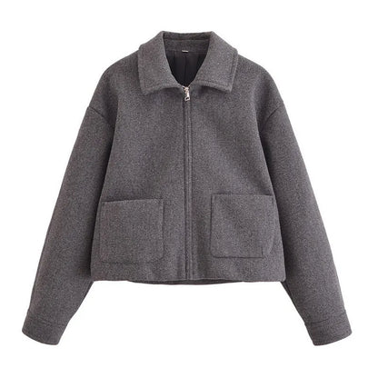 Grey PU women's short jacket with shirt collar, zip front and patchwork splicing, 50cm length