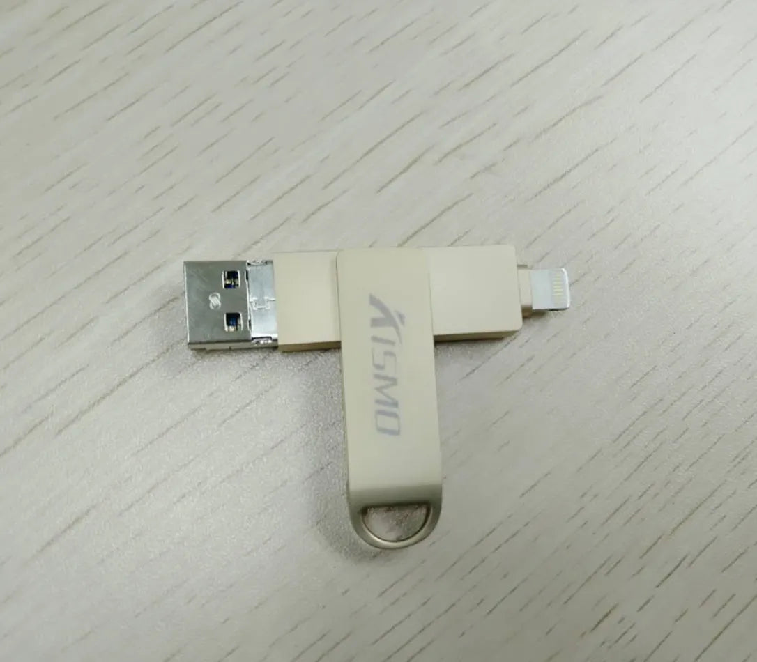 Metal dual-use USB flash drive for Apple and Android with USB 3.0, shown in Black, Gold, Pink, and Silver.